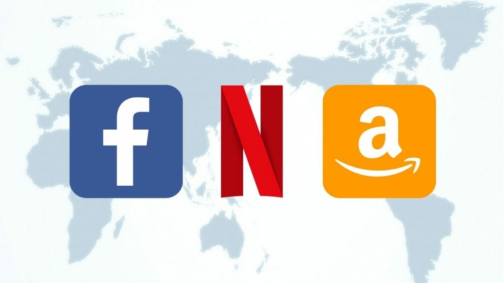 facebook, netflix and amazon logos over a world map.