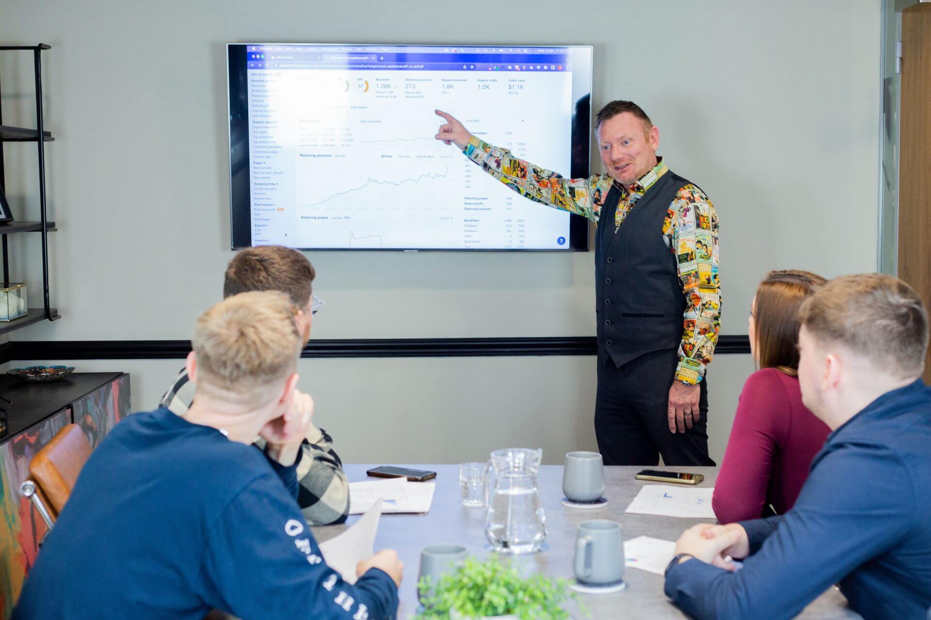 LoudCrowd team in a meeting looking at SEO results.