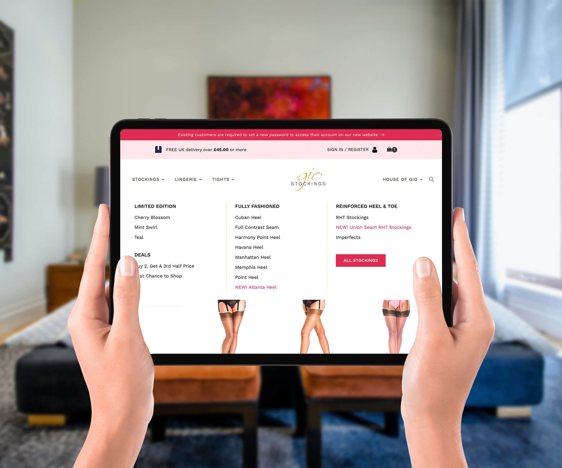 Gio Stockings Menu Web Design iPad Landscape